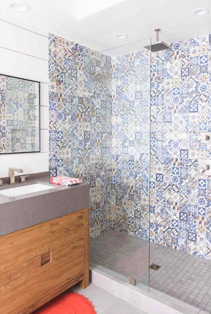 Bathroom design with patchwork mosaic tiles